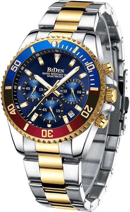 Mens Watches Chronograph Gold Blue Stainless Steel Waterproof Date Analog Quartz Watch Business