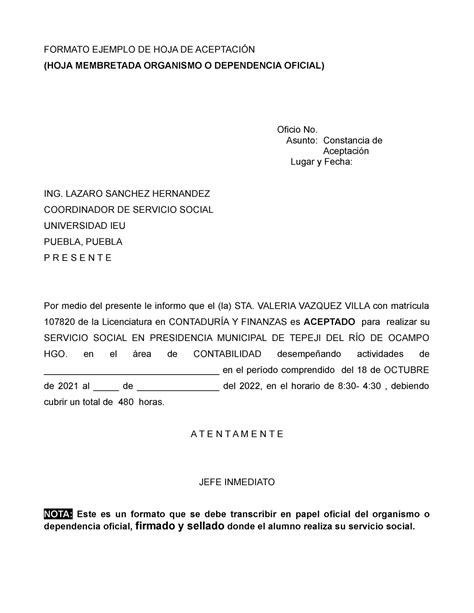 Formato Carta De Aceptaci N Formato Ejemplo De Hoja De Aceptaci N