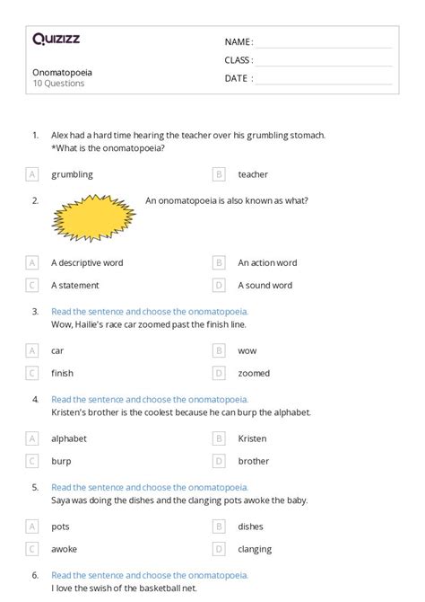 Worksheets 4th Grade Onomatopoeia Examples