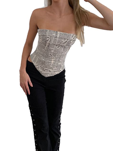 Qiylii Women Sexy Strapless Tube Top Newspaper Corset Crop Top Bustier