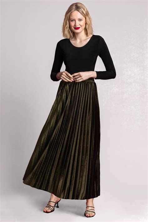 Velour Pleated Midi Skirt In Olive Roman Originals UK