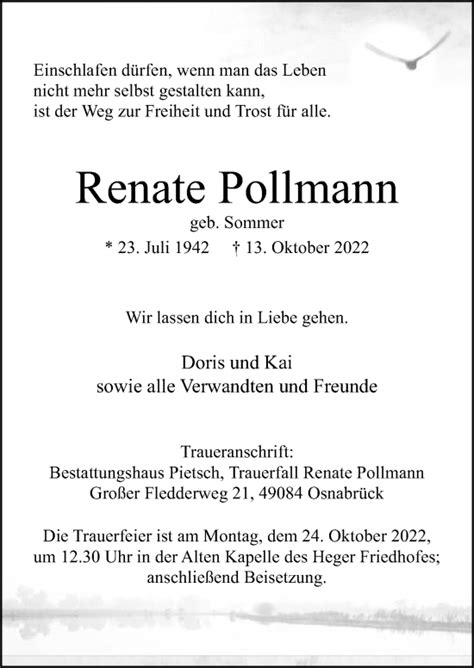 Traueranzeigen Von Renate Pollmann Noz Trauerportal