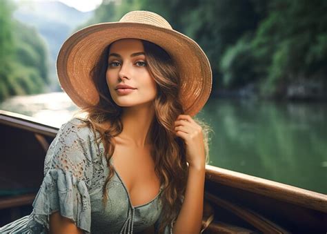 Bela Menina Pescadora Barco De Madeira Flutuando No Lago Bela