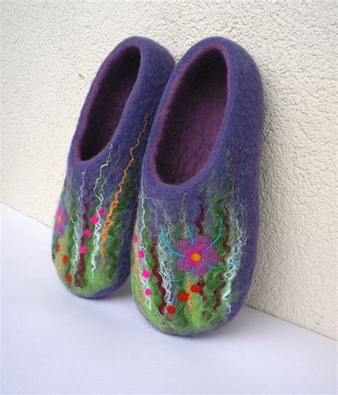 Felted Wool Slippers House Shoes Purple Meadow Etsy Felt Wool