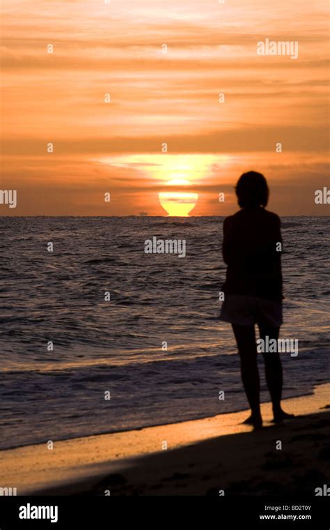 Silhouette Of Woman Watching The Sunset Hi Res Stock Photography And