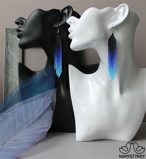 Blue Beaded Earrings Seed Bead Earrings Long Earrings Dangle Etsy