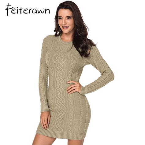 Feiterawn Cable Knitted Sweater Dress Long Sleeve Round Neck Slim Mini