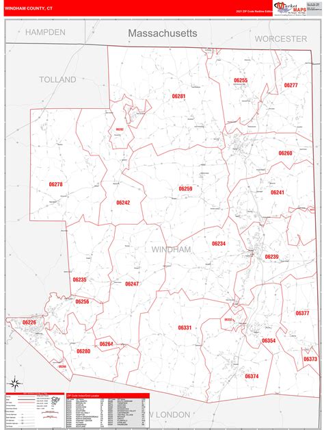 Windham County Ct Zip Code Wall Map Red Line Style By Marketmaps