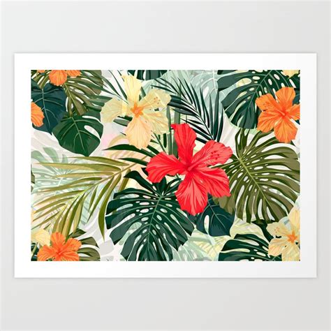 Summer Colorful Hawaiian Seamless Pattern With Tropical Plants And Hibiscus Flowers