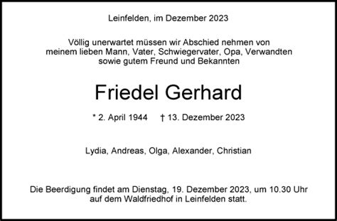 Traueranzeigen Von Friedel Gerhard Stuttgart Gedenkt De