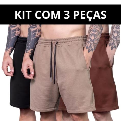 Kit 3 Bermudas de Moletom Shorts Elástico e Bolso Lateral Academia