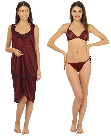 Prediletto Maroon Satin Nighty With Bra Panty Snapdeal Price Sleepwear