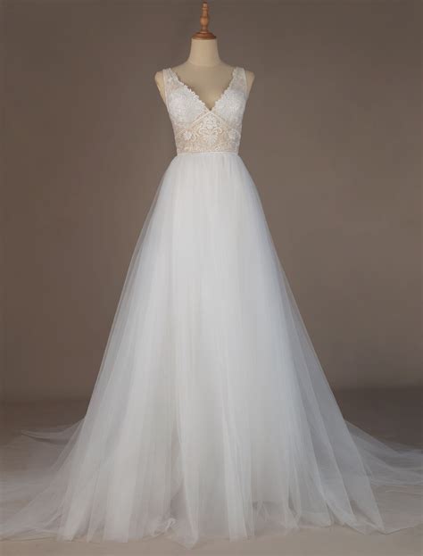 Robe De Mari E Simple Blanche Col V En Dentelle Jupe Fendue En Tulle