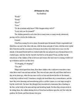 All Summer In A Day Ray Bradbury Short Story Pdf Lexile L By