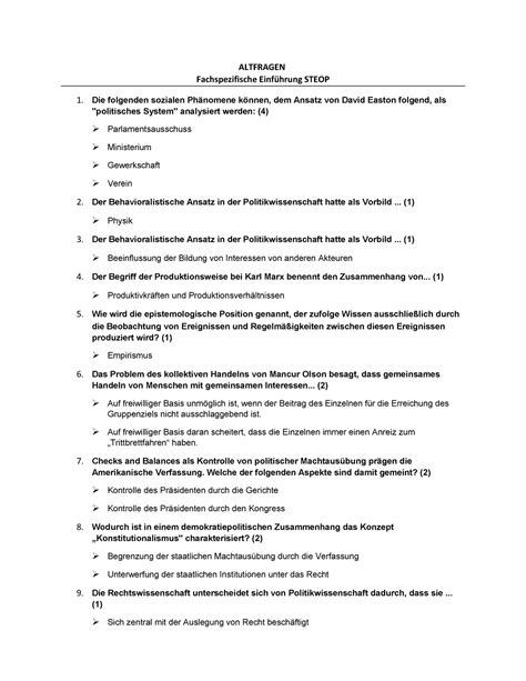 Altfragen der Fachspezifischen Einführung Politikwissenschaft Uni Wien