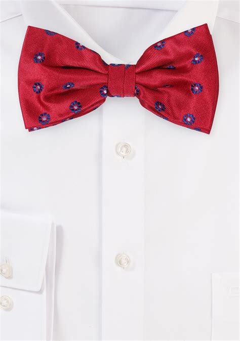 Cherry Red Floral Bowtie Cherry Red Bow Tie With Navy Blue Flowers