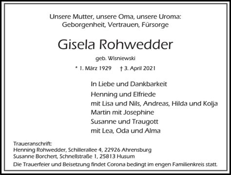 Traueranzeigen Von Gisela Rohwedder Sh Z Trauer