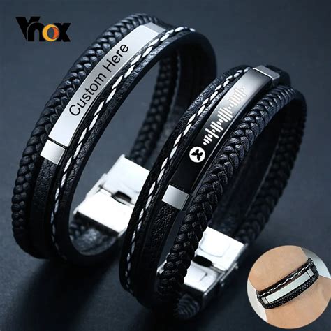 Vnox Customize Name Quotes Leather Bracelets For Men Glossy Stainless