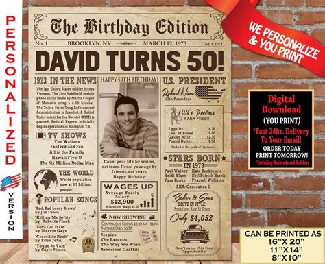 50th Birthday NEWSPAPER Poster For 1973 Birthday 50th Party Etsy