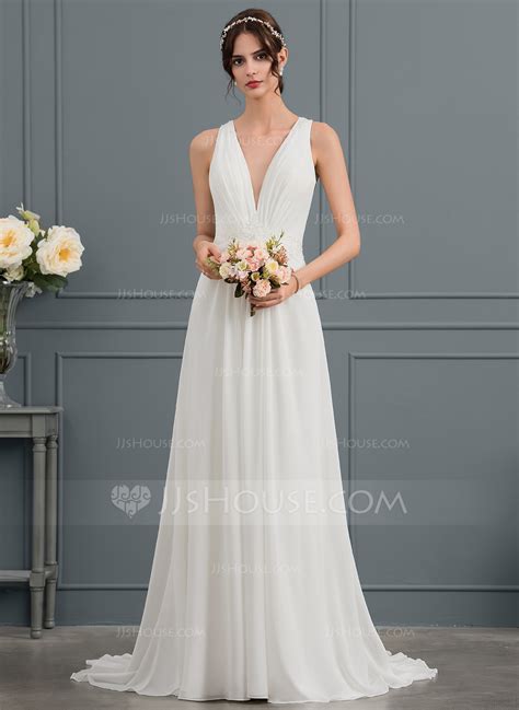 A Line V Neck Sweep Train Chiffon Wedding Dress With Sequins 002144860 Jjs House