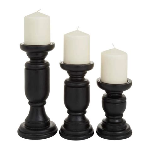 Litton Lane Black Mango Wood Turned Style Pillar Candle Holder Set Of