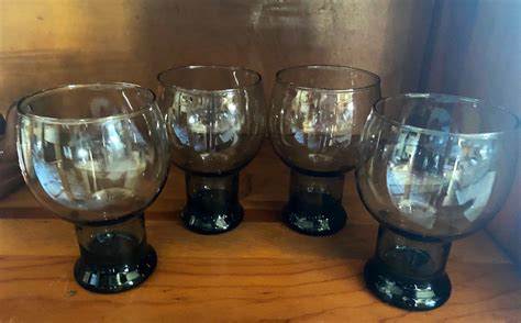 Vintage Libbey Black Stax Smoke Pedestal Goblets Gray Glasses Set Of Four Retro Barware Atomic