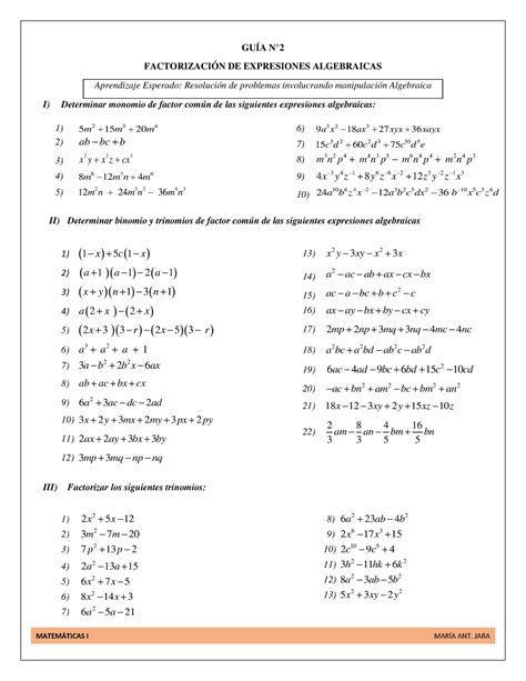 Guía N°3 Factorizacion 1 GuÍa N°2 FactorizaciÓn De Expresiones