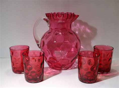 Fenton Cranberry Optical Coin Dot Pitcher And Tumbler Set