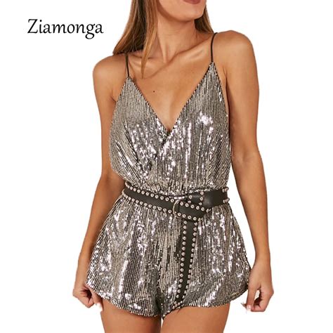 Ziamonga Sequin Playsuit Women Sleeveless Sexy Strap Glitter Elegant