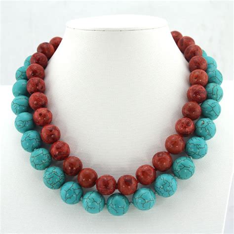 Beautiful 2 Layers Red Coral And Turquoise Necklaceturquoise Etsy