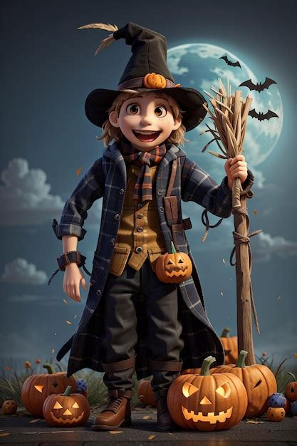 Premium AI Image Halloween Pumpkin Scarecrow On A Wide Field With The