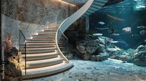 Visualize A Staircase With An Aquarium Railing Where Each Step Up Or