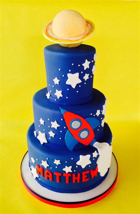 Saturn Stars Rocket Ship Space Birthday Cake Universe Galaxy