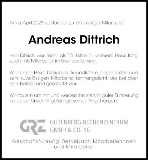 Traueranzeigen Von Andreas Dittrich Trauer Anzeigen De