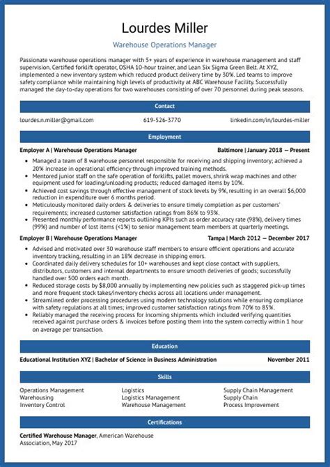 Warehouse Operations Manager Resume Cv Example And Writing Guide