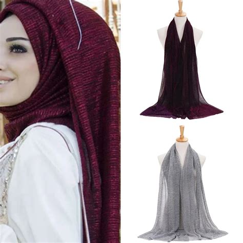 Shimmer Pleated Hijab Scarf Plain Shiny Crinkle Shawl Fashion Muslim