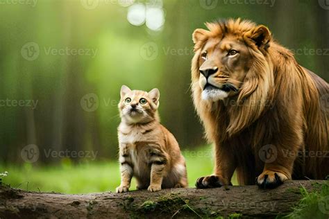 A Lion And A Cat Are Sitting On A Log Ai Generated 30856261 Stock