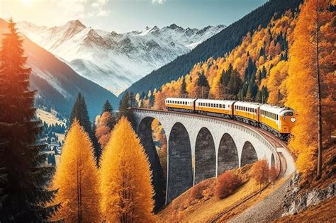 Premium AI Image | A train making its way through the mountains during ...