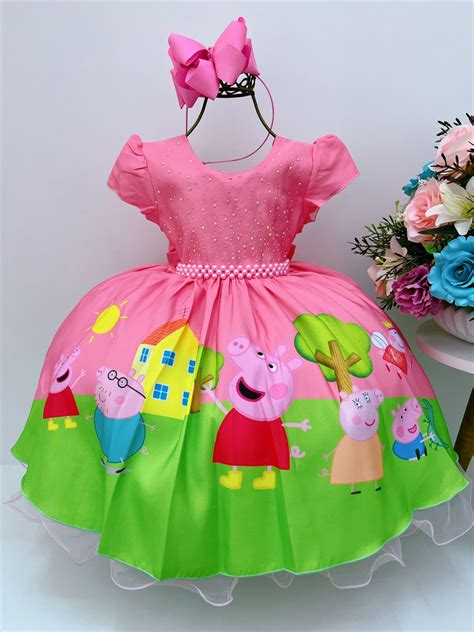 Vestido Infantil Peppa Pig Rosa Chiclete Strass C M Scara Luxo Rosa