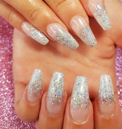 Holographic Silver Glitter Fade Ombre On Acrylic Sculpted Nails Prom Nails Silver Silver