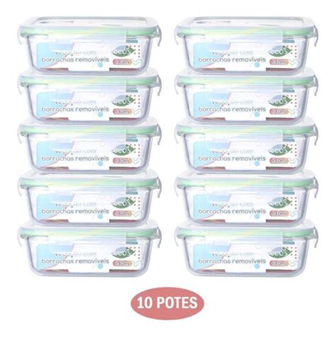 Conjunto 10 Potes Vidro Marmita Fit Vedação 4 Travas 640ml