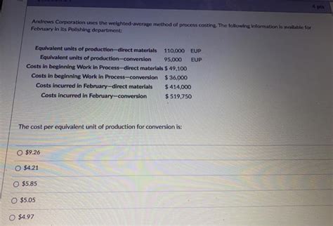 Solved Andrews Corporation Uses The Weighted Average Method Chegg