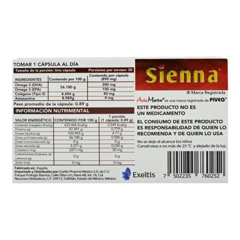 Suplemento alimenticio Sienna con Asta Marine 30 cápsulas Bodega