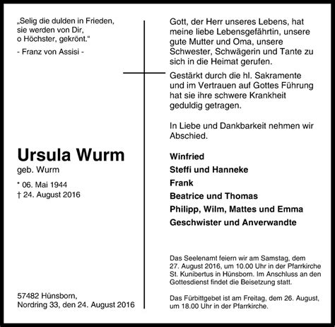 Traueranzeigen Von Ursula Wurm Trauer In Nrw De