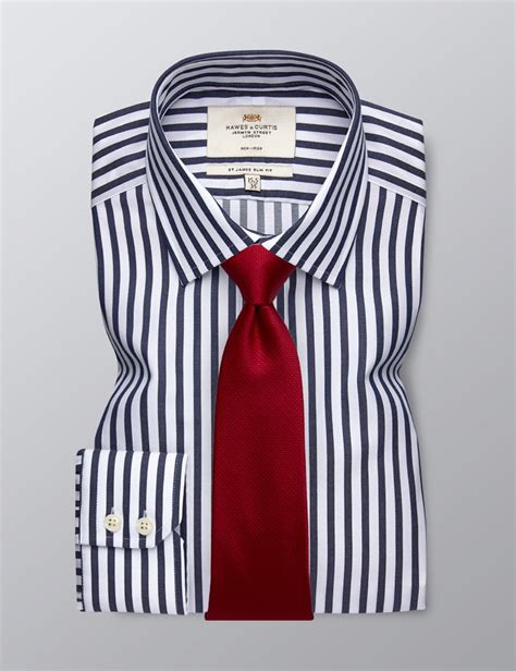 Mens Dress Navy And White Bengal Stripe Slim Fit Shirt Single Cuff