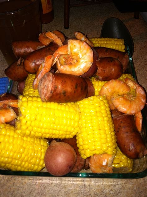Sausage Shrimp Corn And Red Potato Boiled In Cajun Shrimp Boil