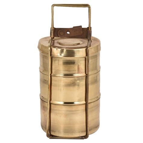 Handmade Brass Three Tier Tiffin Box With Brass Strap Frame