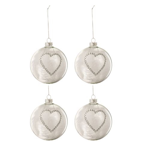 Boite De 4 Boules De Noel Coeur Strass Argent Plumes Blanc Verre