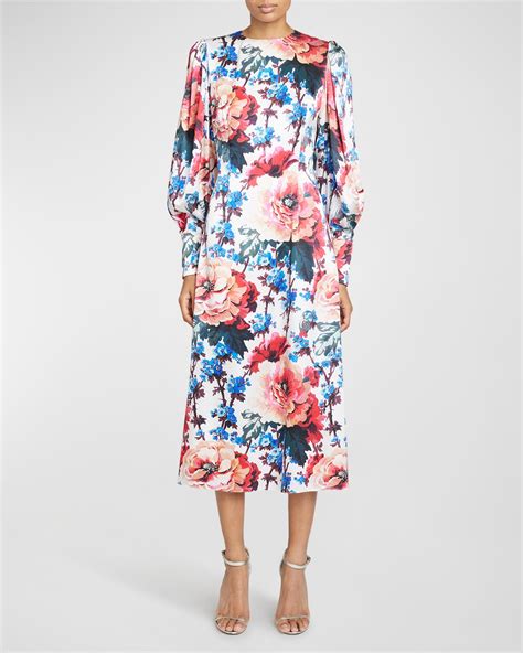 Buy Andrew Gn Floral Print Belted Puff Sleeve Silk Midi Dress White