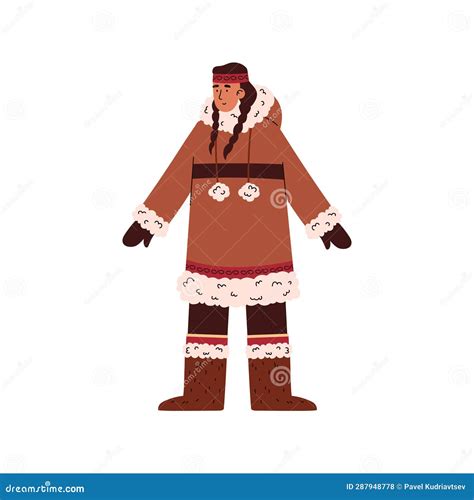 North Woman In Traditional Eskimos Clothing Vector Brunette With